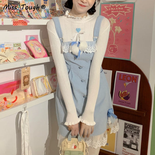 flowersverse Blue Lolita Kawaii Strap Dress Women Japanese Lace Patchwork Sweet Mini Dress Female Korean Split Bow Designer Cute Dress