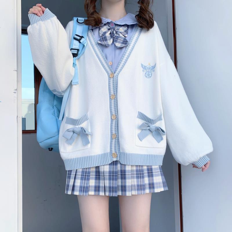 flowersverse Autumn Sweet Bow Cardigans Women Korean Loose Colorblock Sweater Jacket Kawaii Print Knitted Cardigan New