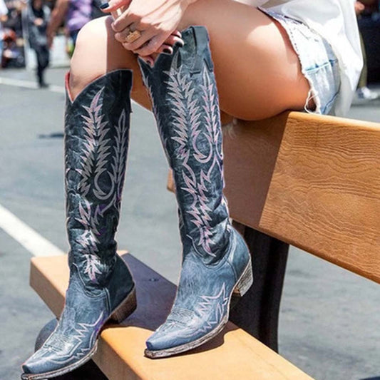 flowersverse Knee-High Fashion Women Shoes Square Heel Big Size 43 Great Quality Concise Comfy Western Boots