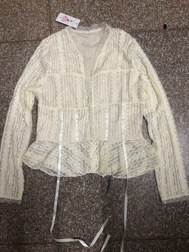 flowersverse Back to school outfit Elegant Vintage Style Outfits Korean Fahion Long Sleeve V-Neck Lace Shirt Tops Blouse & Mesh Midi Skirt 2 Piece Set Women Suits