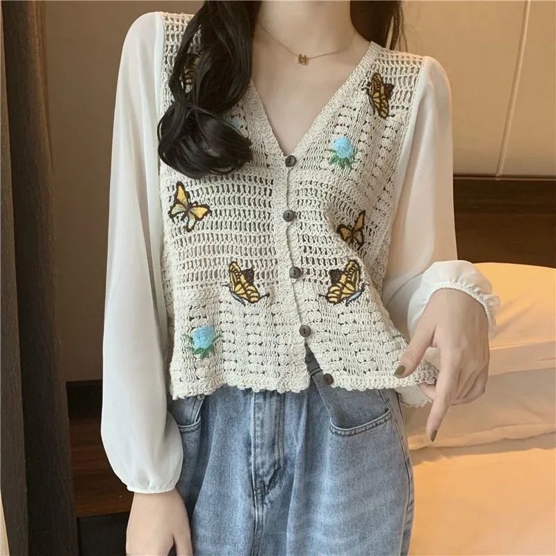 flowersverse Blouse Women Print Casual Simple Hollow Out Teens Square Collar Daily Vintage Harajuku Crop Chic Comfortable College Loose New