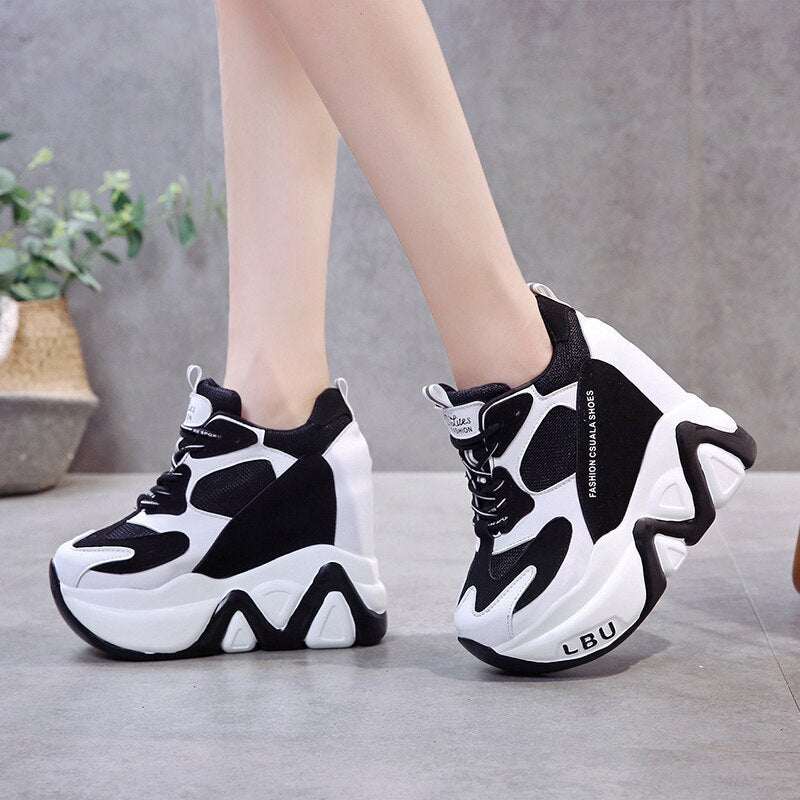 flowersverse Women High Platform Shoes New Breathable Women Height Increasing Shoes 12 CM Thick Sole Trainers Sneakers Woman Casual shoes