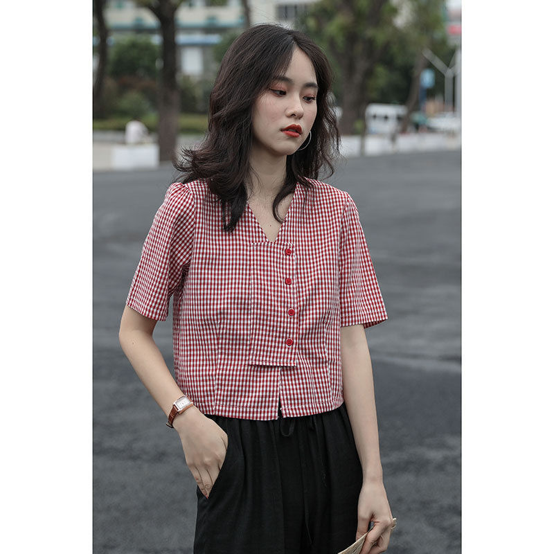 flowersverse Blouses Women Shirts V-Neck Plaid Summer Buttons Sweet Crop Top All-Match Slim Vintage Ulzzang Stylish Elegant Womens Leisure