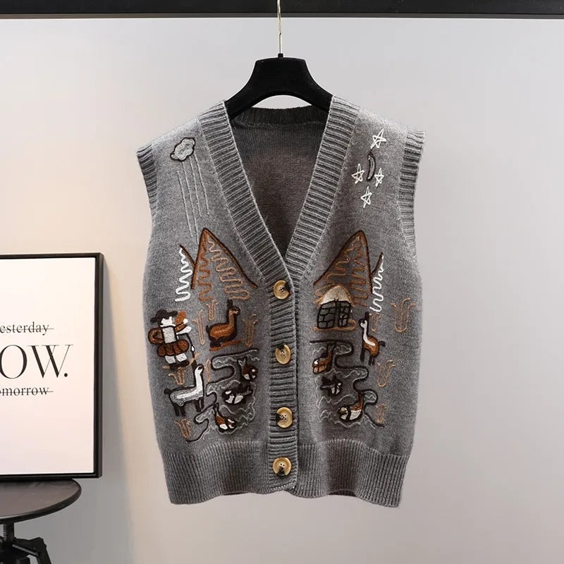 flowersverse Autumn Sweater Knitted Vest Korean Top For Women Clothing Oversize Vintage Sleeveless Korean Fashion Harajuku V-Neck Cardigans