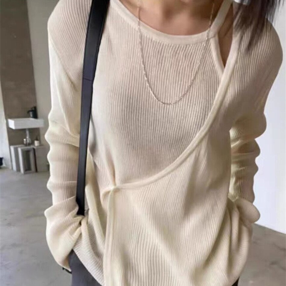 flowersverse Back to school outfit Woman Chic Knitting Pullover Autumn New Korea Gentle Style Long Sleeve Thin Female Fake Two Piece Off Shoulder Top