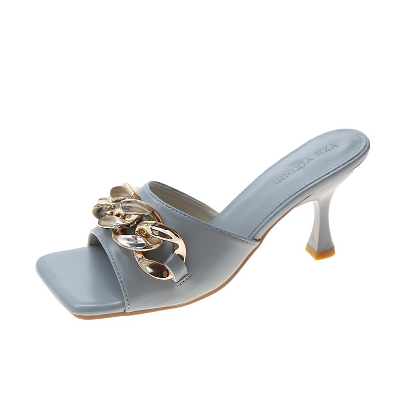 Amzae Summer Women's Slippers Women Sandals 6cm Heels Shoes Female Golden Metal Chain Ladies Slipper Fashion Casual Slides Mules