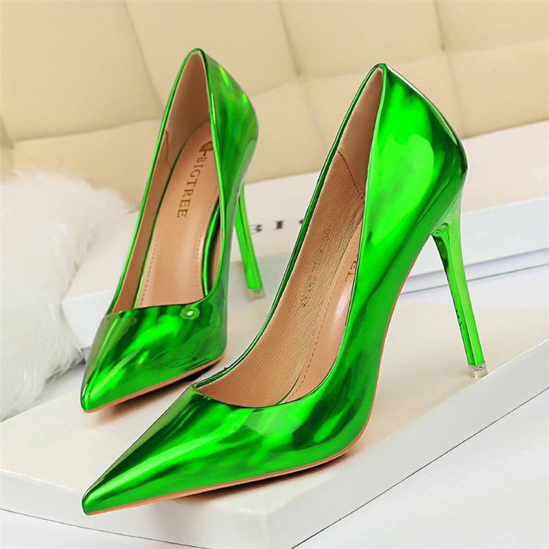 flowersverse Pumps Women Shoes High Heels 10.5cm Blue Green Patent Leather Stiletto Ladies Fetish Wedding Bridal Shoes Plus Size