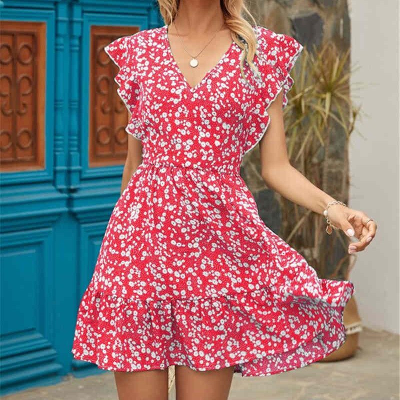 flowersverse Women Dress Boho Floral Ruffle Short Mini Dress Summer Knot V-Neck Party Holiday Dress Femme Vestido De Mujer