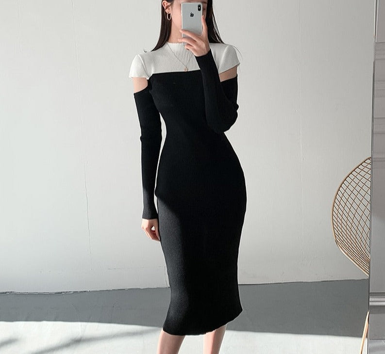 flowersverse Back to school outfit Women Dresses Winter Autumn Korean Chic French Elegant Shoulder-Hollowed Contrasted-Color Female Knitted Vestidos