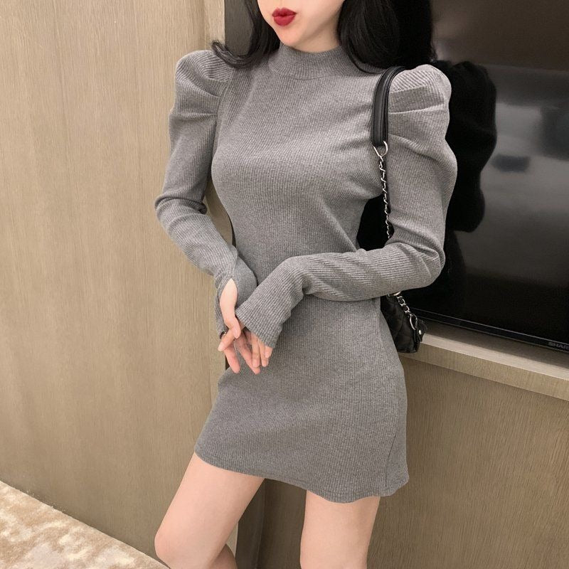 flowersverse Autumn Knitted One-Piece Dress Korean Women Winter Warm Puff Long Sleeve Sexy Mini Dress Bodycon Black Dresses Kpop
