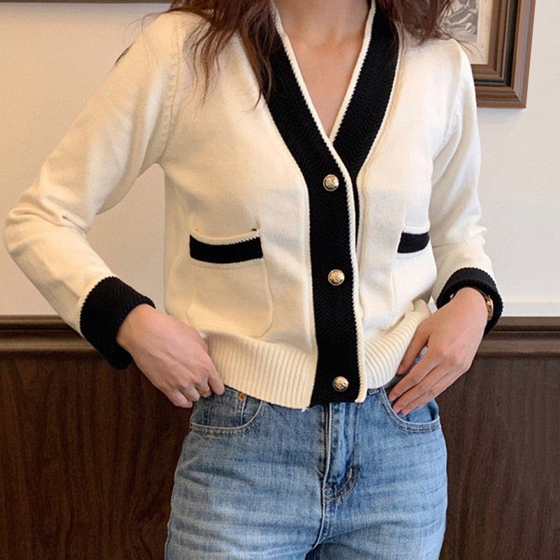 flowersverse Autumn All-Match V-Neck Sweater Jackets Women Korean Style Jumpers Knitted Cardigan Long Sleeve Short Knit Coat
