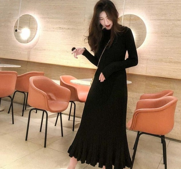 flowersverse autumn winter thick mermaid maxi sweater dress women o-neck long sweater dress elegant female a-line slim sexy knit dress