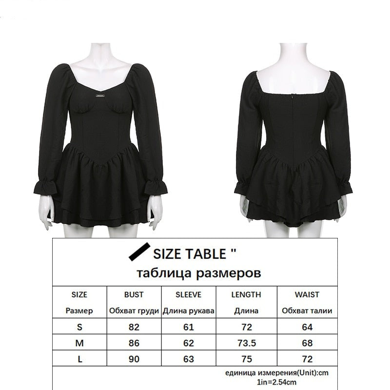 flowersverse Autumn Spring A-Line Dress Sexy Slim Solid Square Collar Puff Sleeve Mini Dresses For Women Eleggant Fashion Ladies