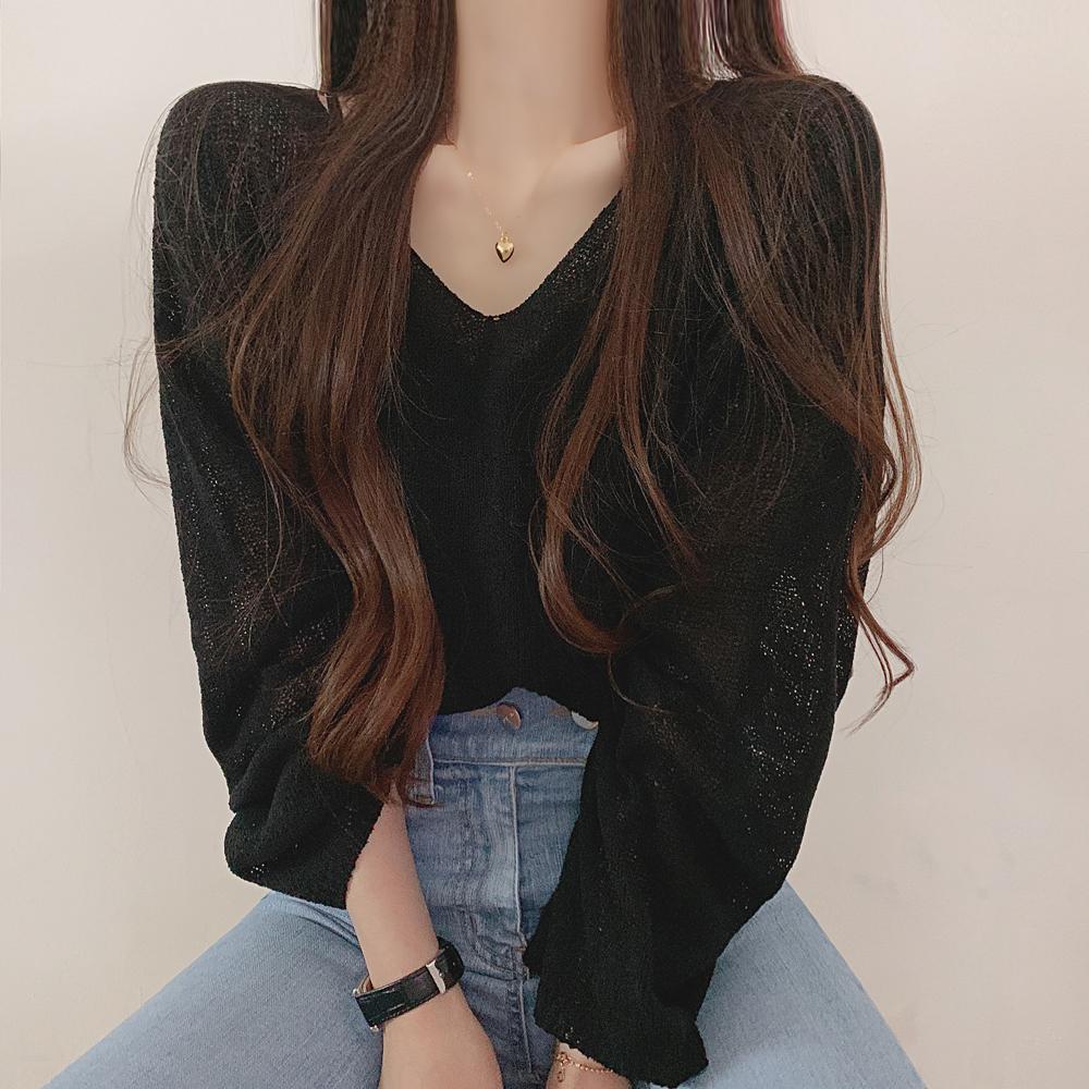 flowersverse Blouse Women Solid Color Minimalist Long Sleeve Fairy Elegant V-Neck Knitting Thin Breathable Soft Casual Basic Sun-Proof Mujer