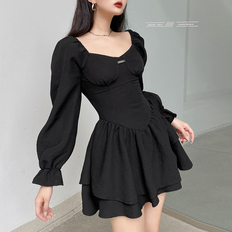 flowersverse Autumn Spring A-Line Dress Sexy Slim Solid Square Collar Puff Sleeve Mini Dresses For Women Eleggant Fashion Ladies