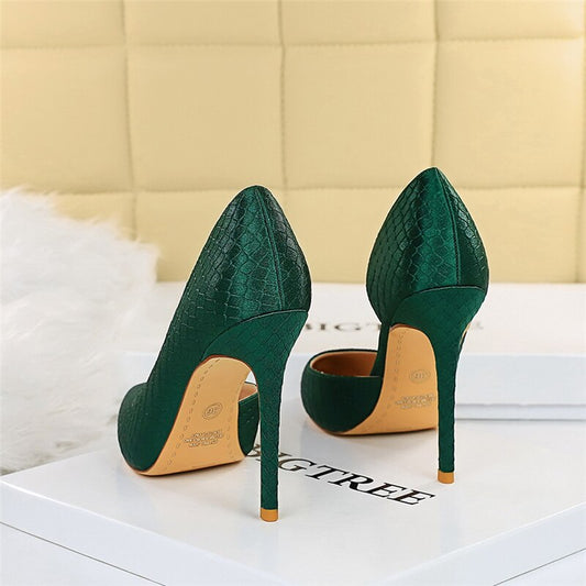 flowersverse Elegant Women Serpentine Silk Pumps Pointed Toe 10.5cm High Heels Ladies Paty Plus Size Satin Green Fetish Designer Shoes