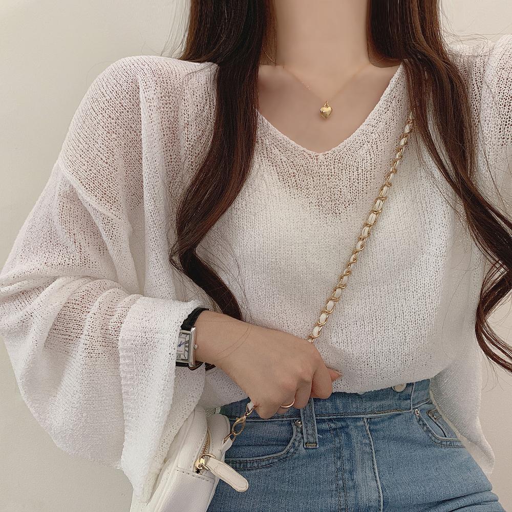 flowersverse Blouse Women Solid Color Minimalist Long Sleeve Fairy Elegant V-Neck Knitting Thin Breathable Soft Casual Basic Sun-Proof Mujer