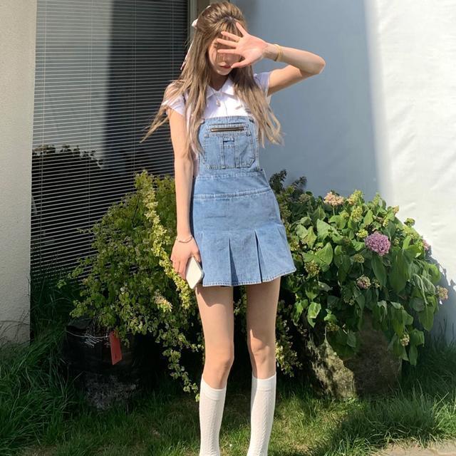 flowersverse Blue Kawaii Denim Women Dress Summer Harajuku Casual Suspender Pleated Mini Dress Streetwear Chic Korean Fashinon Clothing