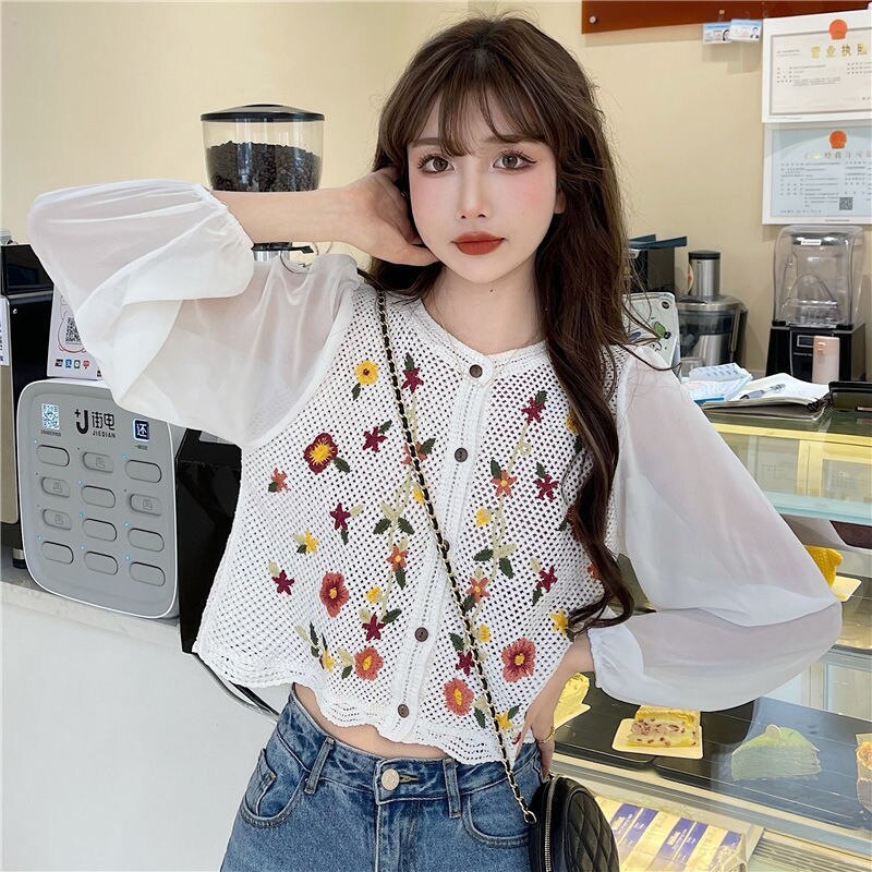 flowersverse Blouse Women Print Casual Simple Hollow Out Teens Square Collar Daily Vintage Harajuku Crop Chic Comfortable College Loose New