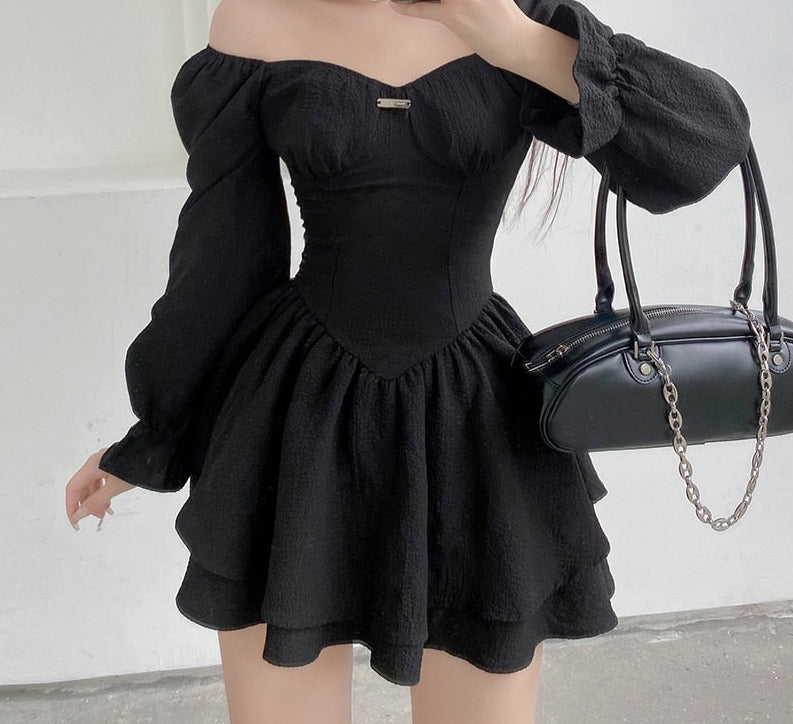 flowersverse Autumn Spring A-Line Dress Sexy Slim Solid Square Collar Puff Sleeve Mini Dresses For Women Eleggant Fashion Ladies
