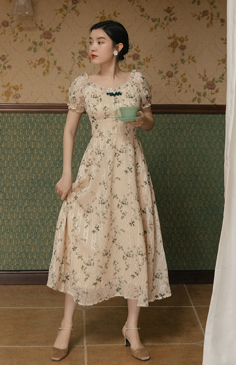 flowersverse Back to school outfit Summer Elegant Jacquard Midi Dress Vintage Print Floral Puff Sleeve Chiffon Romantic Lady Dresses Vestido Robe Fleurie Femme