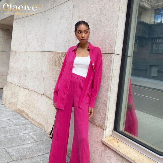 flowersverse Autumn Casual Pink Women Sets Fashion Long Sleeve Blouse Shirts High Waist Pants Two Piece Set Wide Leg Trousers Suit