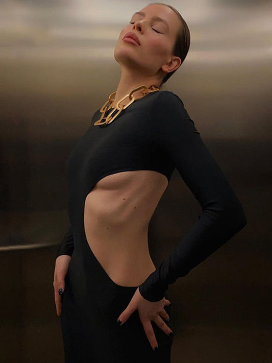 Graduation Gift Big Sale Black Cut Out Round Neck Long Dress Women Elegant Long Sleeve Club Party Spring Dresses Skinny Clothes