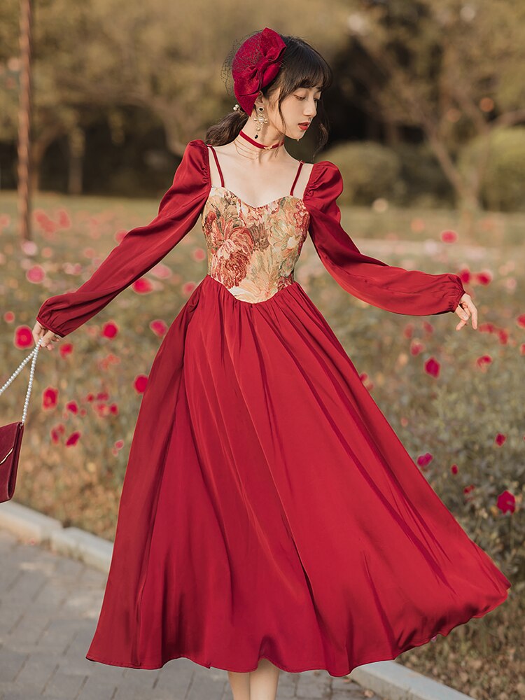 flowersverse Back to school outfit Retro Oil Painting Jacquard Red Dress Woman Vintage Sweetheart Neck Strap Long Sleeve Princess Dresses Party Robe Rouge Femme