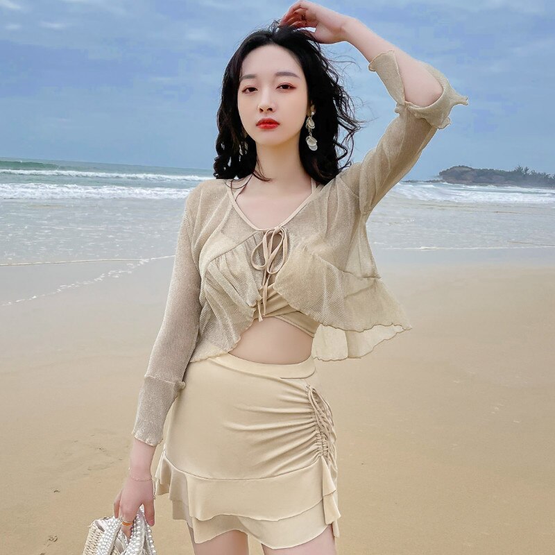 flowersverse 3 Piece Bikini Set Korean Cute Swimsuit Women Underwire Ruffle A-Line Skirt High Waist Bikini Cover Up See Through Bikinis