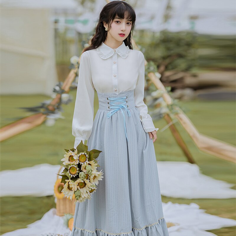 flowersverse Back to school outfit Elegant Lolita 2 Piece Sets Womens Outfits Vintage Peter Pan Collar Lantern Sleeve White Shirt And Bandage Stripe Long Skirt
