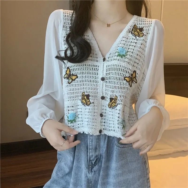flowersverse Blouse Women Print Casual Simple Hollow Out Teens Square Collar Daily Vintage Harajuku Crop Chic Comfortable College Loose New