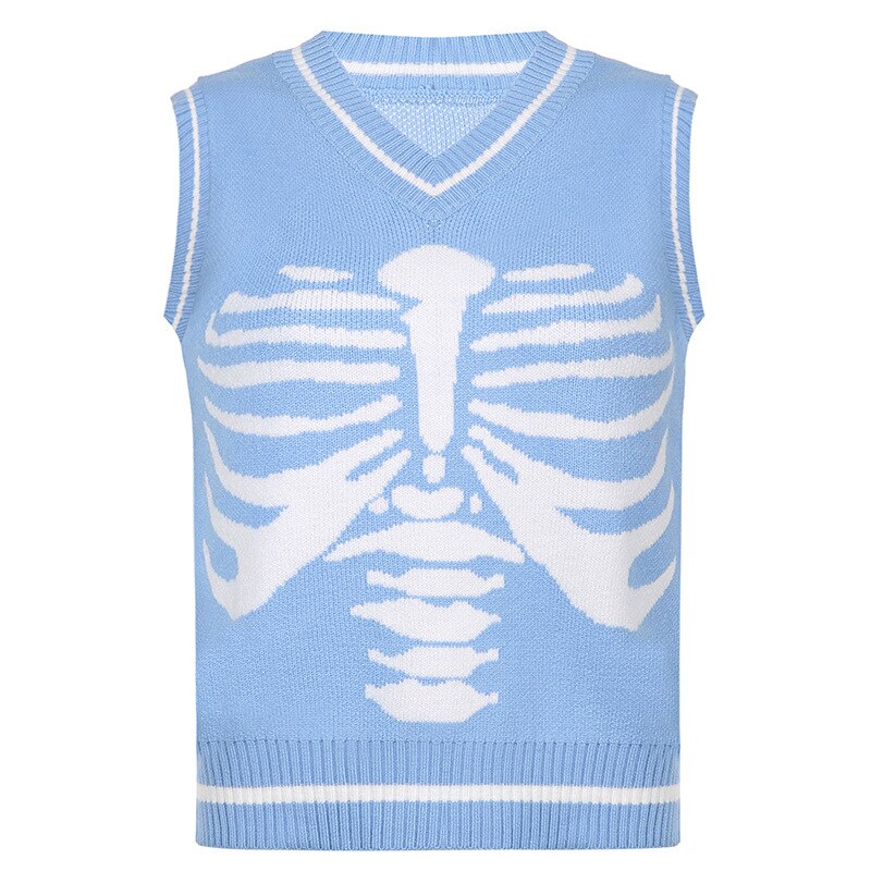 flowersverse Autumn V-Neck Sweater Vest Sternum Skull Printed Knitted Vest Skeleton Loose Casual Sleeveless Top Preppy Style Tops Women