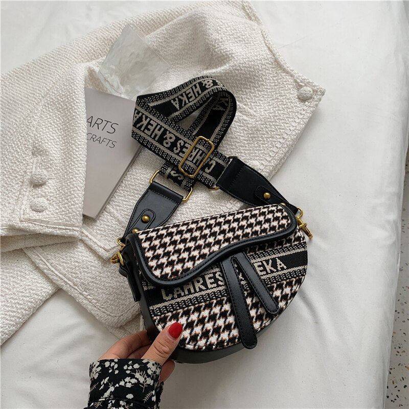 flowersverse Back to school Wide Strap Saddle Small Shoulder Crossbody Bags For Women Brand Designer Woolen Cloth Plaid Ladies Handbags Winter