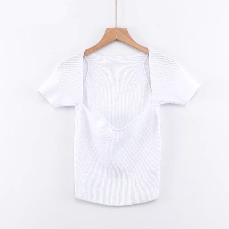 flowersverse Aproms Green Square Neck Ribbed Knitted T-shirt Women Sexy Solid Color High Strench Tshirt Cool Girls Street Style Crop Top