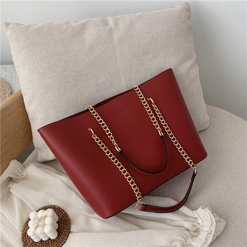 flowersverse Black Pu Leather Shoulder Bags for Women Handbag Chain Design Large Capacity Tote Bag Luxury Shopper Hand Bag Female Totes New