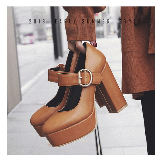 flowersverse Fashion Platform High Heels Shoes Female Leather Black White Women's Heels Round Toe Party Pumps Women Mary Jane Shoes