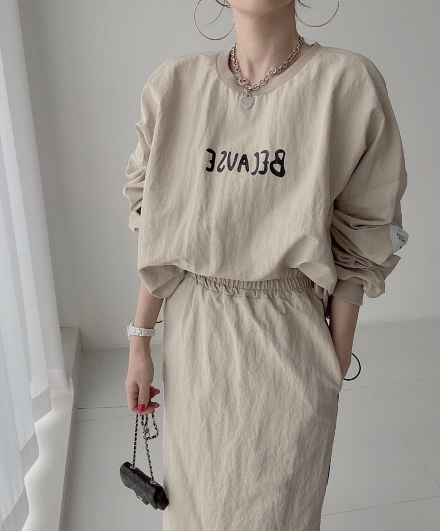 flowersverse Autumn Women Tracksuit Hoodies 2 Piece Sets Chic Pullover Loose Casual Sweatershirt & High Waist Split Skirt Suit Sets