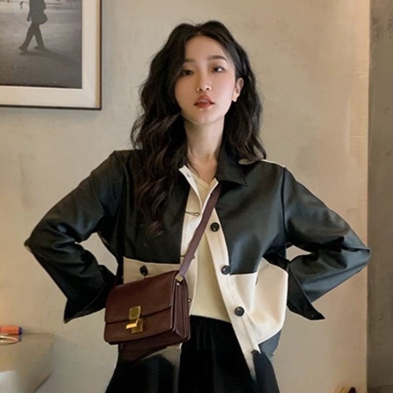 flowersverse Autumn Korean Fashion Leather Jackets Women Patchwork Loose Casual Short Coat Female High Street Winter Warm Jacket Ladies