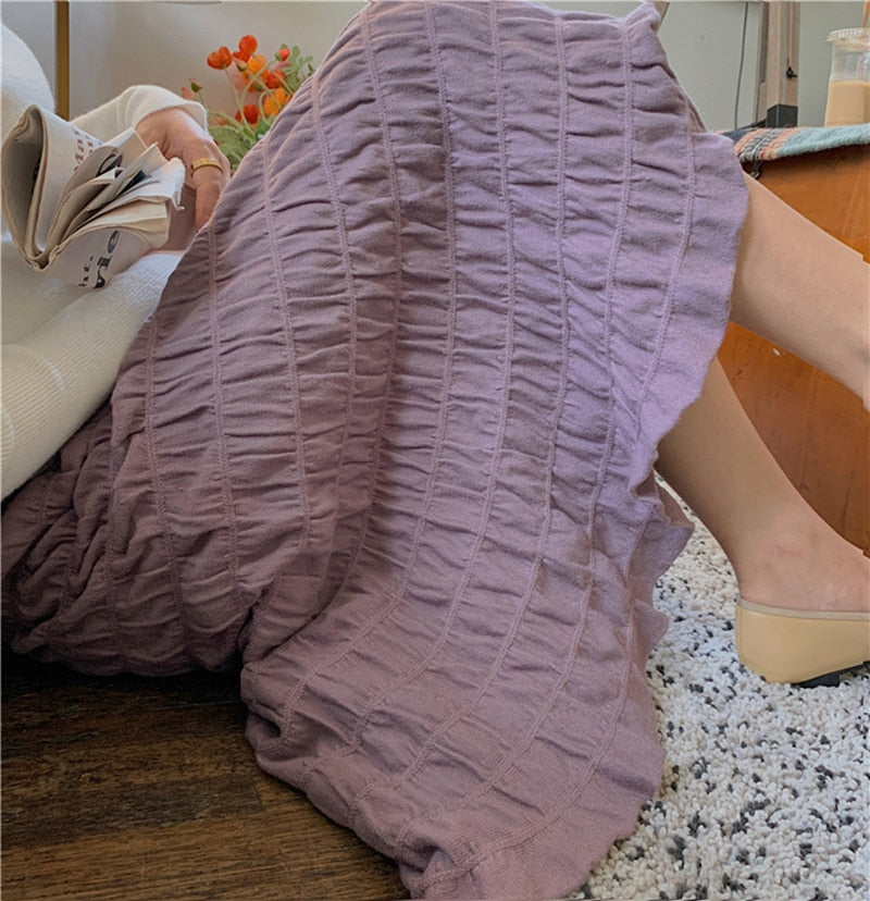 flowersverse Autumn Winter Wrinkled Black Pleated Skirt Women Korean Style Casual High Waisted A-Line Knitted Skirts Long falda plisada