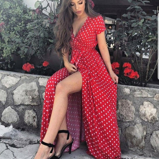 Back to school flowersverse Women Bohemian Dots Printed Party Dress Short Sleeve V Neck Casual Dress Ummer Fashion Split Women Long Dress