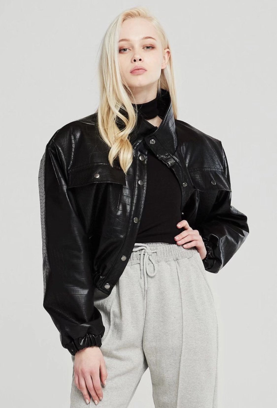 flowersverse Autumn Spring Solid Casual Jacket Women Female Chic Long Sleeve PU Leather Jacket With Quilted Lining Cropped Coat Outwear