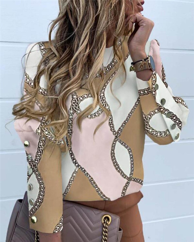 flowersverse Women Long Sleeve Slim Print Buttons Shirt Blouses Tops OL Puff Sleeve Suit Work Formal Business Shirt Blouses Outwear Tops