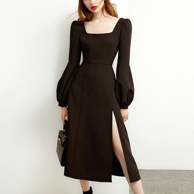 flowersverse Black Retro Split Dress Women Elegant Midi Designer Dress Female Long Sleeve Hepburn Style Chiffon Vintage Dress Fall Women K105