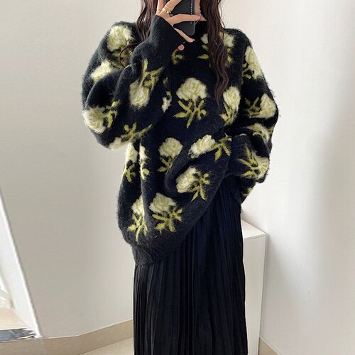 flowersverse Back to school outfit Chic Sweater Woman Autumn New Korea Elegant Ins Fashion O-Neck Flower Print Long Sleeves Versatile Knit Pullover