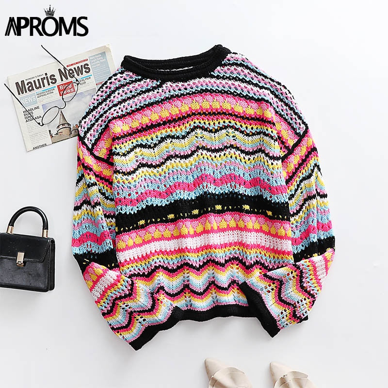 flowersverse Back To School Christmas Gift Aproms Elegant Rainbow Stripe Knit Sweater Autumn Women's Pullovers Casual Long Sleeve Hollow Out Jumper Streetwear Fashion Top