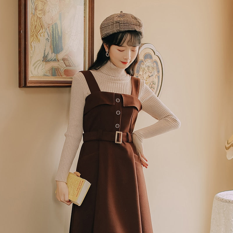 flowersverse Back to school outfit 3 Colors Japan Preppy Style Women Tank Dress With Belt Retro Solid Loose Casual Large Size Sleeveless Dresses For Autumn Winter