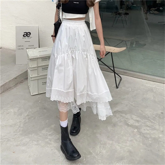 flowersverse Black Gothic Lace Stitching Irregular Pleated Skirt Women White Vintage High Waist Long Skirt Korean Solid Hip Hop Streetwear