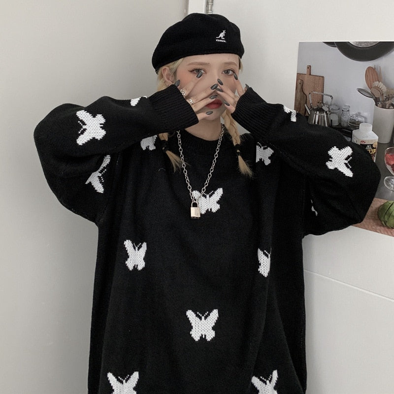 flowersverse Autumn Women Loose Sweater Black Butterfly Knitted Sweater Fashion Harajuku Pullovers Couple Hip Hop O-Neck Sweatshirt Y2k
