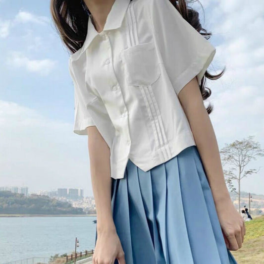 flowersverse Blouses Women Shirts Short Sleeve Crop-Top School Uniform Jk Kawaii Fresh Girls Solid Pleated Elegant Preppy Style All-Match New