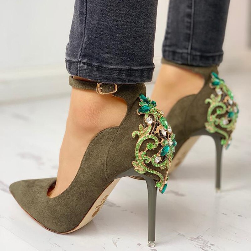 flowersverse Back to College Fashion 10CM High Heels Pumps Women Luxury Design Pumps Pointed Toe Heels Metal Crystal Shoes